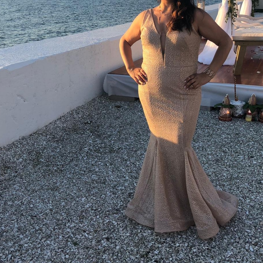 Blush sequined mermaid dress. Plunging neckline. Backless. Black tie/wedding.